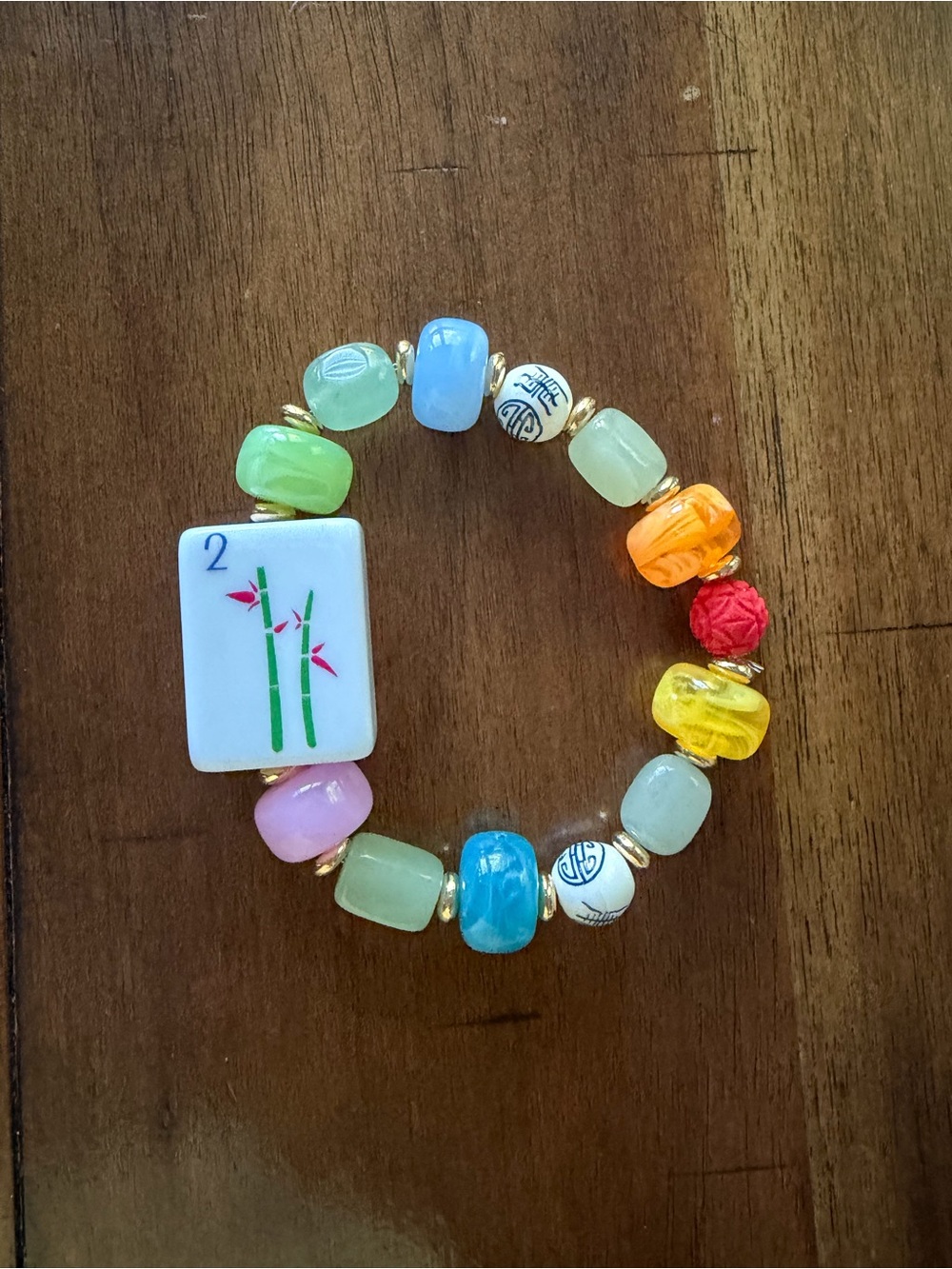 Authentic Mahjong Tile - 2 Bam stretchy Mahjong Bracelet with colorful beads.